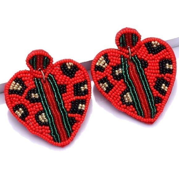 Red and Multicolor Beaded Boho Heart Leopard Print Dangling Post Back Earrings - Picture 2 of 7